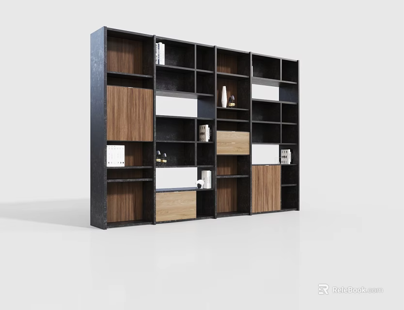 Modern Bookcase Design With Wooden Panels Black Frame And Multiple Storage Compartments 3d model 