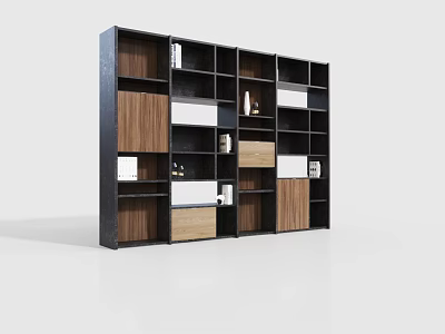 Modern Bookcase Design With Wooden Panels Black Frame And Multiple Storage Compartments 3d model