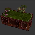 Classic Wooden Office Desk Featuring Green Leather Top And Ornate Carved Details With Matching Chair