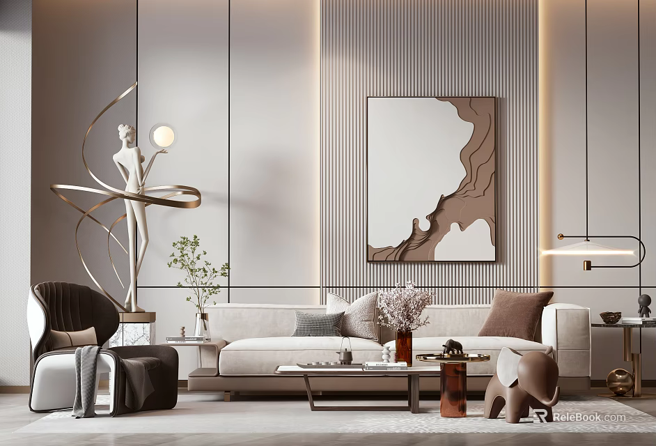 Elegant Modern Sofa Coffee Table Set with Plush Pillows Decorative Vases and Wall Art 3d model 