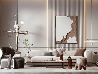 Elegant Modern Sofa Coffee Table Set with Plush Pillows Decorative Vases and Wall Art 3d model