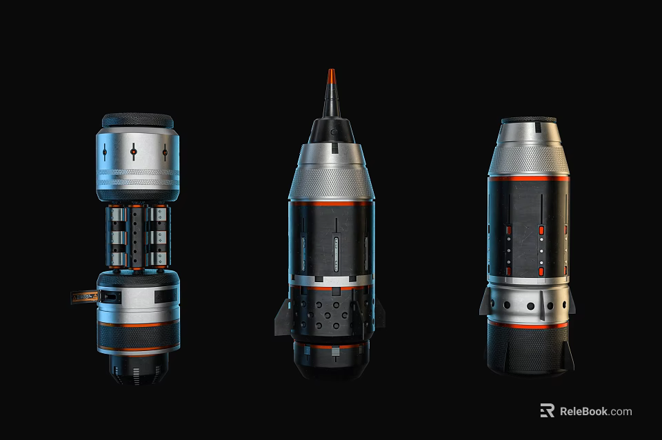 Three Futuristic Rocket Models With Metallic Finish And Detailed Design On Black Background 3d model 