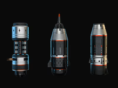 Three Futuristic Rocket Models With Metallic Finish And Detailed Design On Black Background 3d model