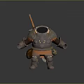 Cartoon 3D Character Model With Riveted Metal Armor And Orange Sword On Back