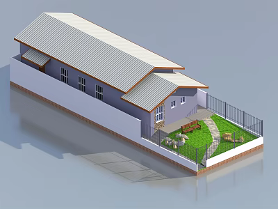 Residential Garden Landscape Design With House Fence Lawn Pathway And Stones 3d model