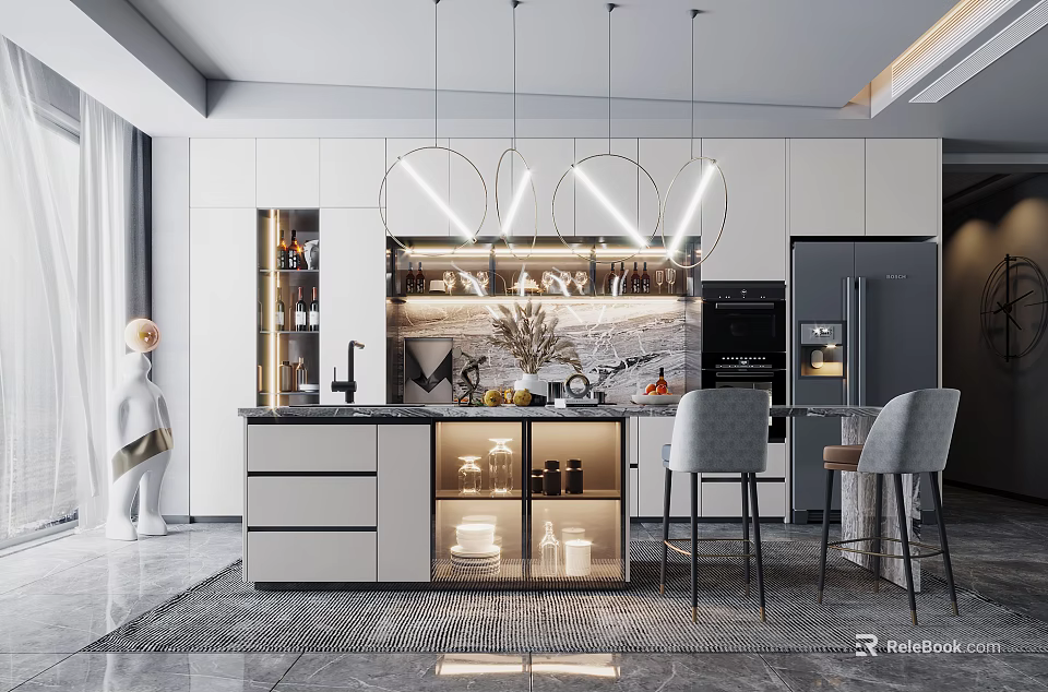 Modern Open Kitchen Dining Table Set With Marble Countertop Hanging Pendants And Bar Stools 3d model 