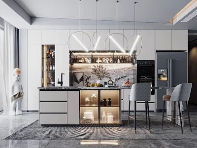 Modern Open Kitchen Dining Table Set With Marble Countertop Hanging Pendants And Bar Stools 3d model