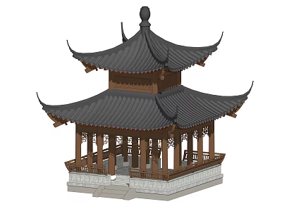 Chinese Traditional Two Story Pavilion With Curved Eaves Roof Wooden Structure And Stone Base 3d model
