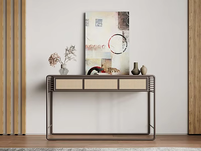 Modern Minimalist Console Table With Rattan Drawers Decorative Vase And Abstract Artwork 3d model