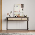 Modern Minimalist Console Table With Rattan Drawers Decorative Vase And Abstract Artwork