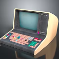 Vintage Electronic Computer With Retro Case Blue Screen And Colorful Keyboard