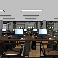 Public Office Space With Multiple Computers Long Desks Ergonomic Chairs And Bright Lighting 3d model