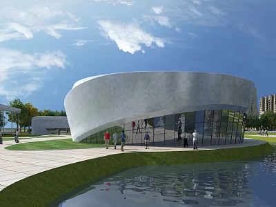 Modern Curved White Sports Stadium with Glass Walls Waterfront Green Lawn Under Blue Sky 3d model