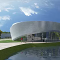 Modern Curved White Sports Stadium with Glass Walls Waterfront Green Lawn Under Blue Sky