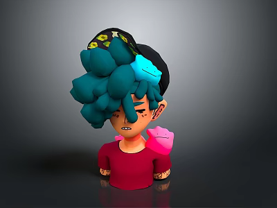 Animated Game Movie Character With Teal Curly Hair Black Cap And Red Shirt 3d model