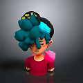 Animated Game Movie Character With Teal Curly Hair Black Cap And Red Shirt