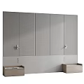 Modern Bed Background Wall Design With Gray Textured Panels And Wooden Storage Drawers
