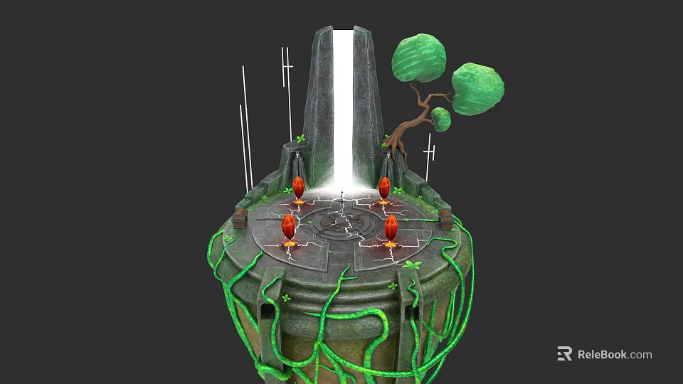 Future Architecture Featuring Tower Waterfall Green Vines Red Installations And Circular Platform 3d model 