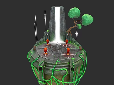Future Architecture Featuring Tower Waterfall Green Vines Red Installations And Circular Platform 3d model