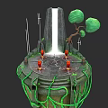 Future Architecture Featuring Tower Waterfall Green Vines Red Installations And Circular Platform