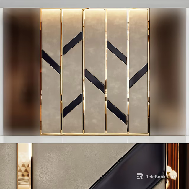 Elegant Luxury Bed Background Wall With Gold Accent Strips And Geometric Pattern Design 3d model 