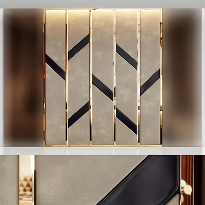 Elegant Luxury Bed Background Wall With Gold Accent Strips And Geometric Pattern Design 3d model