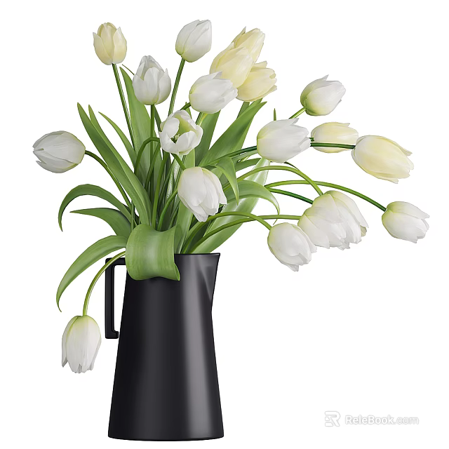 Fresh White Tulips In Black Vase With Green Leaves For Home Decor 3d model 