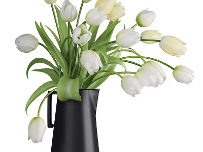 Fresh White Tulips In Black Vase With Green Leaves For Home Decor 3d model