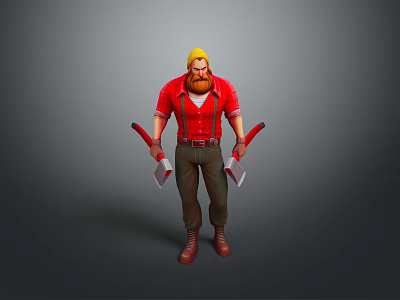 Man With Blonde Hair Red Beard In Red Shirt Holding Two Axes On Grey Background 3d model