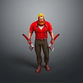 Man With Blonde Hair Red Beard In Red Shirt Holding Two Axes On Grey Background