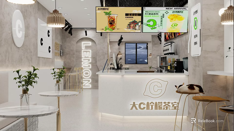 Big C Lemon Tea Shop Modern Interior With Counter Pendant Light Green Plants Menu Screens 3d model 