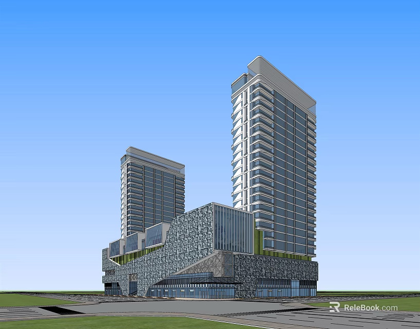 Modern Office Building Complex With Two Tall Towers Stone Facade And Open Space 3d model