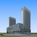 Modern Office Building Complex With Two Tall Towers Stone Facade And Open Space 3d model