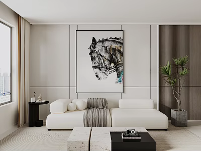 Modern Living Room White Double Sofa with Abstract Horse Painting Coffee Table and Green Plant 3d model