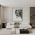 Modern Living Room White Double Sofa with Abstract Horse Painting Coffee Table and Green Plant
