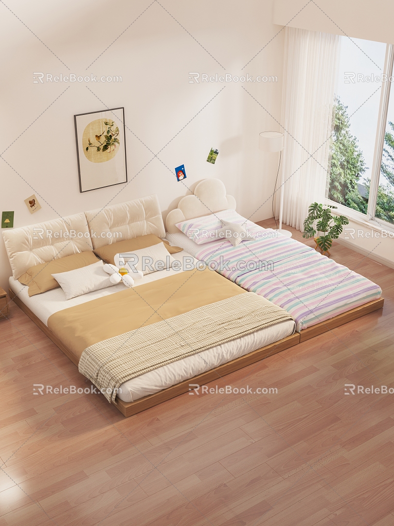 Bed Tatami Mother Bed Quilt Mattress Pillow Bedside Hanging Picture Floor Lamp Green Plant Post-it Note Bedside Cabinet Wooden Floor Curtain Gauze Curtain Window Window Exterior Star Pillow Flower Pillow 3d model