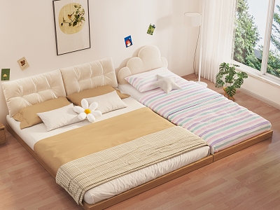 Bed Tatami Mother Bed Quilt Mattress Pillow Bedside Hanging Picture Floor Lamp Green Plant Post-it Note Bedside Cabinet Wooden Floor Curtain Gauze Curtain Window Exterior Star Pillow Flower Pillow 3d model