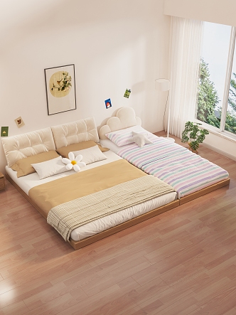 Bed Tatami Mother Bed Quilt Mattress Pillow Bedside Hanging Picture Floor Lamp Green Plant Post-it Note Bedside Cabinet Wooden Floor Curtain Gauze Curtain Window Exterior Star Pillow Flower Pillow 3d model