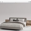 Modern Double Bed with Upholstered Headboard Matching Nightstand and White Gray Bedding