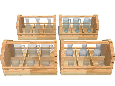 Stylish Wine Bottles and Glasses Neatly Arranged in Wooden Storage Crates 3d model