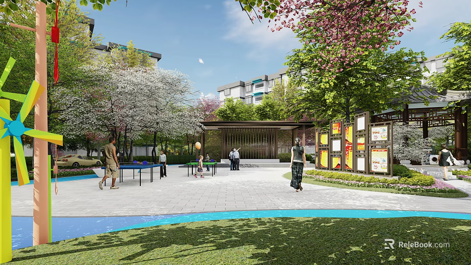 Residential Community Landscape With Cherry Blossom Trees Open Square Ping Pong Tables And People Activities 3d model 