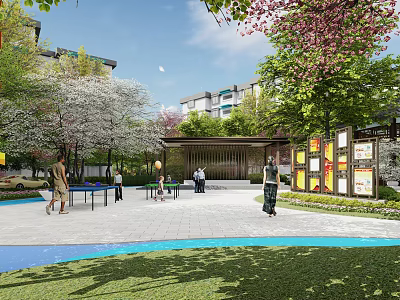 Residential Community Landscape With Cherry Blossom Trees Open Square Ping Pong Tables And People Activities 3d model