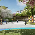 Residential Community Landscape With Cherry Blossom Trees Open Square Ping Pong Tables And People Activities
