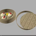 Open Bamboo Steamer With Steamed Buns Featuring Red Chicken Patterns And Woven Lid 3d model