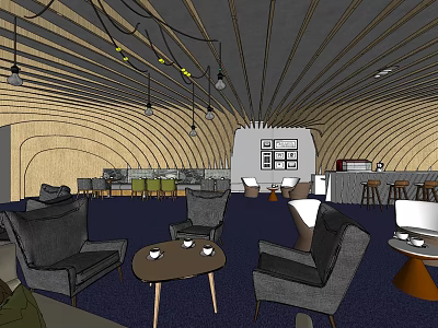 Cozy Modern Cafe Interior With Curved Wooden Ceiling Gray Sofas Coffee Tables And Bar Counter 3d model