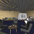 Cozy Modern Cafe Interior With Curved Wooden Ceiling Gray Sofas Coffee Tables And Bar Counter