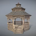 Traditional Wooden Gazebo With Intricate Carved Railings Staircase And Multi Tiered Roof Design