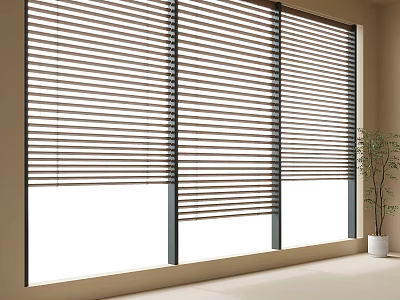 Modern Interior Featuring Venetian Blinds On Windows With Light Walls And Potted Plant 3d model