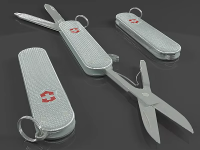 Swiss Army Knives Featuring Silver Finish Red Cross Logo Open Closed And Scissors 3d model