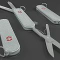 Swiss Army Knives Featuring Silver Finish Red Cross Logo Open Closed And Scissors